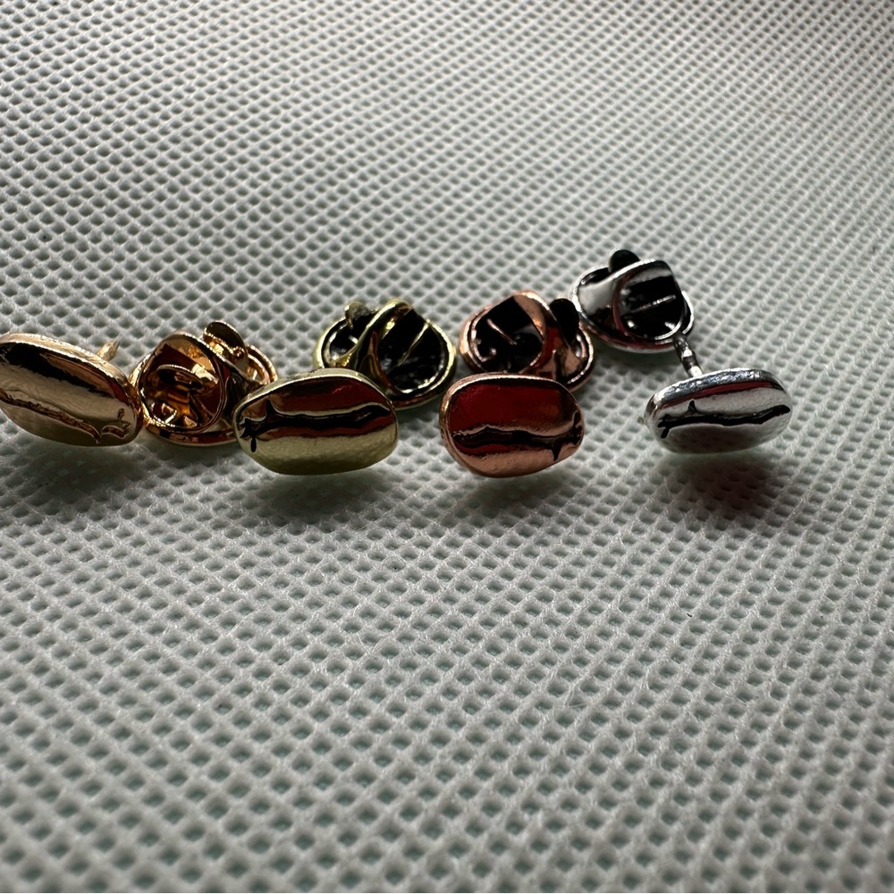 Elegant Gold, Rose, and Silver coffee bean pins.